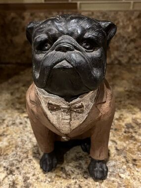 Decorative Dark Brown Bulldog Figurine Wearing a Suit